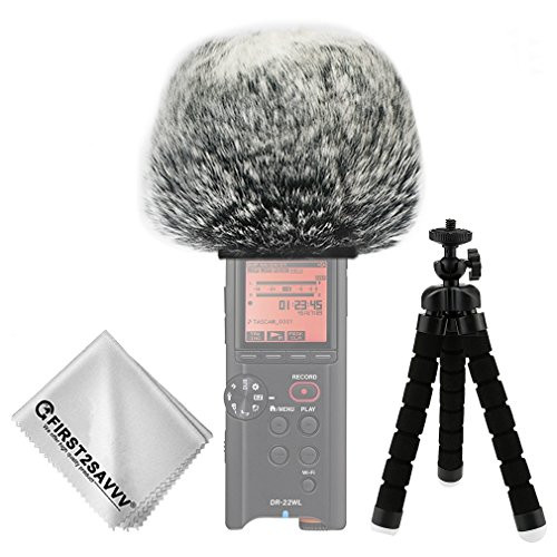 First2savvv Outdoor Portable Digital Recorders Furry Microphone Mic Windscreen Wind Muff for Tascam DR-22WL DR22 WL + mini tripod + Suede cleaning cloth TM-DM-DR22WL-C01TZ3