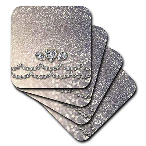 3dRose cst_268947_2 Sparkling Luxury Diamond and Heart Silver Faux Glitter Effect Print, set of 8 Soft Coasters