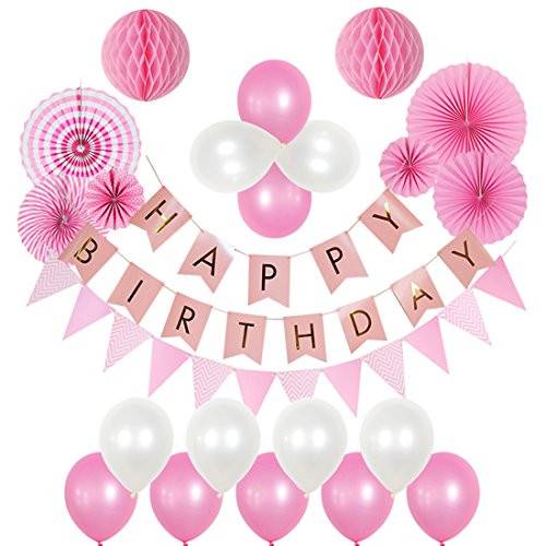 Slocyclub Pink Princess Happy Birthday Party Decorations-Paper Fans+Paper Honeycomb+Banner+Pennant+Balloons 23PCS