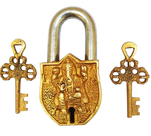 Purpledip Vintage Brass Padlock/Lock with Lord Ganesha (Hindu God Ganapati, Ganapathi or Vinayaka) Sculpted in Brass Metal - Small (10328) Purpledip Vintage Brass Padlock/Lock with Lord Ganesha (Hindu God Ganapati, Ganapathi or Vinayaka) Sculpted in Brass Metal - Small (10328)