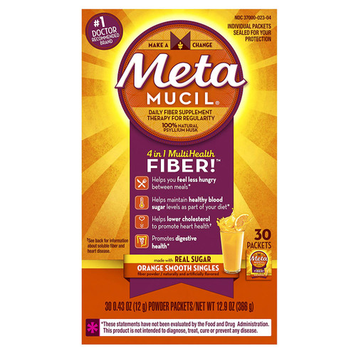 Metamucil Daily Fiber Supplement, Orange Smooth Sugar Psyllium Husk Fiber Powder Packets, 30 Singles (Pack of 2)