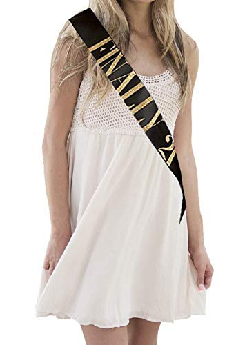 Finally 21 Black Satin Birthday Sash with Gold Glitter Lettering