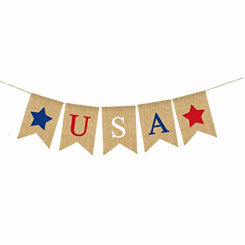 BinaryABC 4th of July Burlap Banner,USA Burlap Flags Bunting Banner,Independence Day Decorations