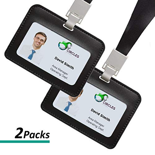 Badge Holder, 2 Sets Horizontal ID Badge Card Holder with Lanyard for Office Company Employee School Student Bus Pass Name Tag Card Holder PU Leather Black Color
