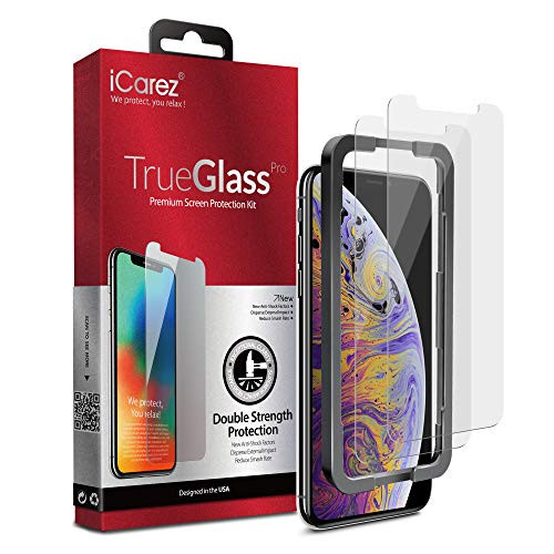 iCarez [Dubble Defense Tempered Glass + Tray Installation] Screen Protector for iPhone Xs iPhone X 5.8-Inch (Case Friendly) Easy Install [ 2-Pack 0.33MM 9H 2.5D Clear]