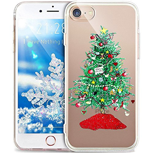 iPhone 8 Plus Case,iPhone 7 Plus Case,ikasus Xmas Christmas Snowflake Soft Silicone Rubber Crystal Clear Soft Clear Silicone Back Case Cover for iPhone 8 Plus/iPhone 7 Plus,Green Christmas Tree