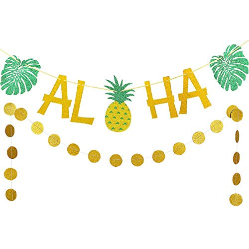 Gold Glittery ALOHA Green Leaves Pineapple Garland and Gold Glittery Circle Dots Garland(25pcs Circle Dots),Hawaiian Tropical Luau Beach Summer Party Decoration Supplies