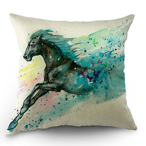 Moslion Horse Pillows Decorative Throw Pillow Cover Case Safari Watercolor Wild Running Horses Pillow Case 18 x 18 Inch Cotton Linen Cushion Cover for Sofa Bed Living Room Black Blue