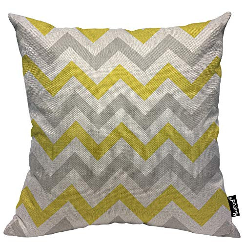 Mugod Chevron Throw Pillow Zigzag Wavy Geometric Stripe Line Yellow White and Gray Cotton Linen Square Cushion Cover Standard Pillowcase 18x18 Inch for Home Decorative Bedroom/Living Room/Car Mugod Chevron Throw Pillow Zigzag Wavy Geometric Stripe Line Yellow White and Gray Cotton Linen Square Cushion Cover Standard Pillowcase 18x18 Inch for Home Decorative Bedroom/Living Room/Car