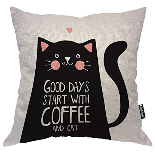 Moslion Cat Pillows Cover Cute Black Kitten Pink Heart Flush Quote Good Day Start with Coffee Throw Pillow Case Decorative Square Cushion Cotton Linen Canvas Home 18x18 Inch