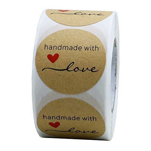 Hybsk 1.5" Inch Round Natural Kraft Handmade with Love Stickers Total 500 Adhesive Labels Per Roll