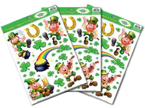 Leprechaun/Shamrock Glass - Window Clings 12in. x 17in. Sheet Pkg/3