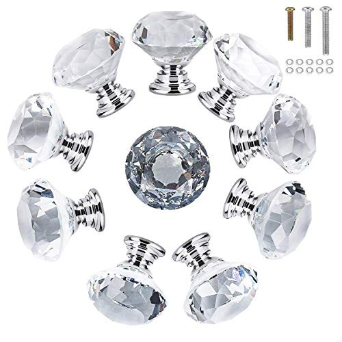 HOMEIDEAS 10PCS 30MM Crystal Drawer Knobs Glass Cabinet Knobs Diamond Shaped Drawer Pulls Handle for Home, Cabinet, Cupboard and Dresser, 3 Size Screws