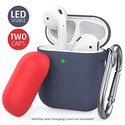 AhaStyle Duotone AirPods 2 Case [Front LED Visible] Silicone Compatible with AirPods 1 and 2 Wireless Charging Case(with Carabiner, Navy Blue/Red)