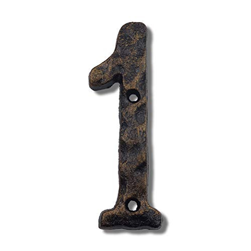 6 Inch House Numbers- Rustic Cast Iron Home Address Number- Featuring Unique Hammered Appearance with Uneven Antique Brass Finished, Number 1