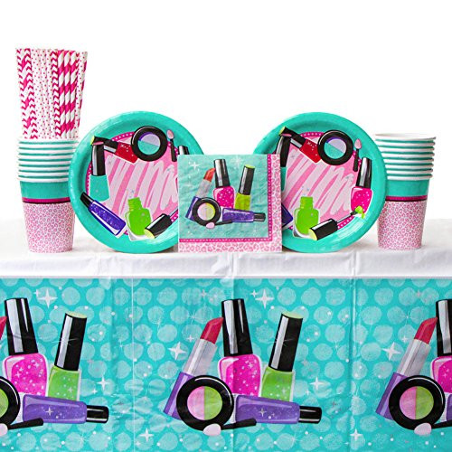 Sparkle Spa Party Supplies Pack Bundle for 16 Guests: Straws, Dessert Plates, Beverage Napkins, Cups, and Table Cover