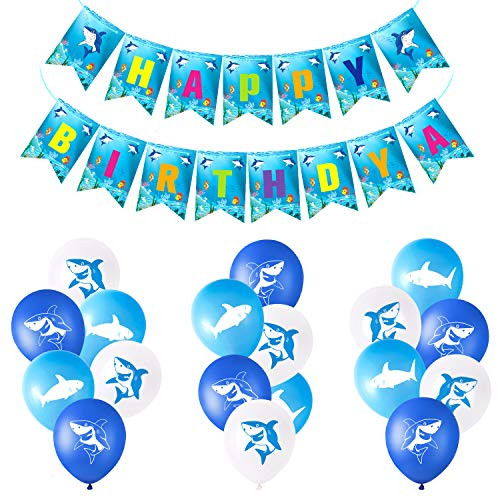 KUUQA Baby Shark Birthday Banner with 30 Pcs Shark Balloons for Kids Shark Party Supplies Shark Party Favors