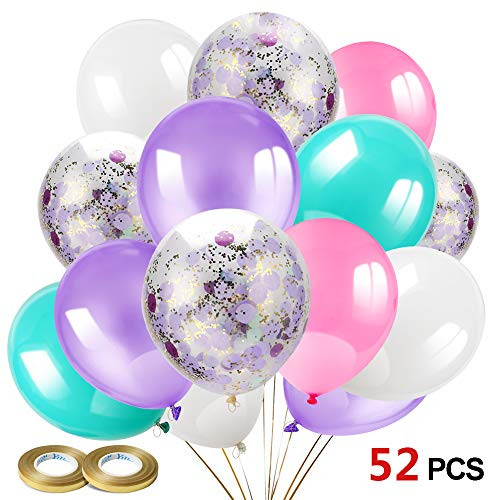 Konsait 50pcs 12 Inch Light Purple Seafoam White Pink Balloons Confetti Balloons Latex Balloons for Wedding Baby Shower Mermaid Unicorn Birthday Party Decoration Supplies with Ribbon