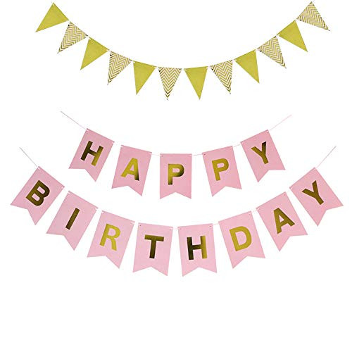 DIY Happy Birthday Bunting Banner and 12pcs Shiny Gold Paper Pennant Banners Triangle Flags for Birthday Party Decorations Wall Hanging
