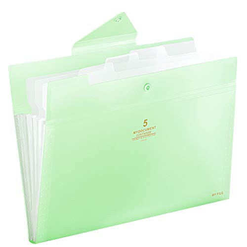 Skydue Expanding File Folders 5 Pockets File Folder with Snap Closure A4 and Letter Size Accordion Document Paper Organizer for Home School Office (Green)