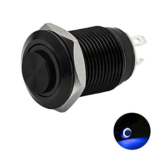 12mm 1/2" Momentary Push Button Switch 1NO SPST Black Metal Shell LED Ring Light Waterproof Toggle Switches (Blue Light)