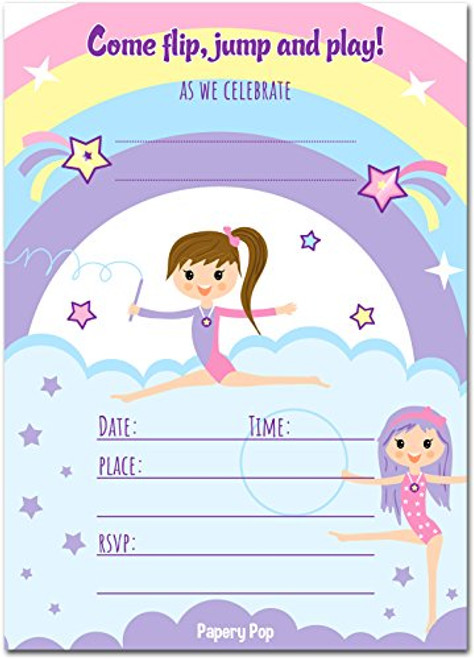 Papery Pop Gymnastics Birthday Invitations with Envelopes (15 Count) - Kids Birthday Party Invitations for Girls - Bounce House - Trampoline