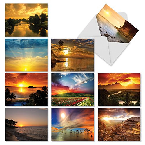 10 Assorted Blank Note Cards 4 x 5.12 inch - Beautiful Sunset Landscape, Tropical Scenery - All Occasion Greeting Card with Envelopes - Bulk Box Set Notecard w/Palm Trees, Ocean, Mountains - M1740BN