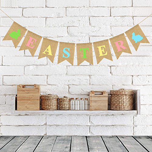 atimier Burlap Happy Easter Banner | Rustic Easter Celebration Decorations | Happy Easter Bunting Garland with Rabbit Bunny Sign | Easter Party Decor Photo Props