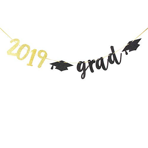 INNORU 2019 Grad Banner, Black and Gold Congrats Graduate Bunting, Congratulations Party Supplies Sign