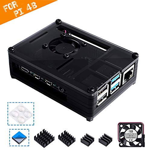Smraza Compatible with Raspberry Pi 4 Case, Acrylic Case with Cooling Fan, 4PCS Heatsinks for Raspberry Pi 4 Model B (RPI 4 Board Not Included) - Black