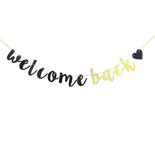 Welcome Back Banner,Black and Gold Glitter Retirement Party Banner, Moving Away,Retirement Party Decorations Sign, First Day of School Teacher