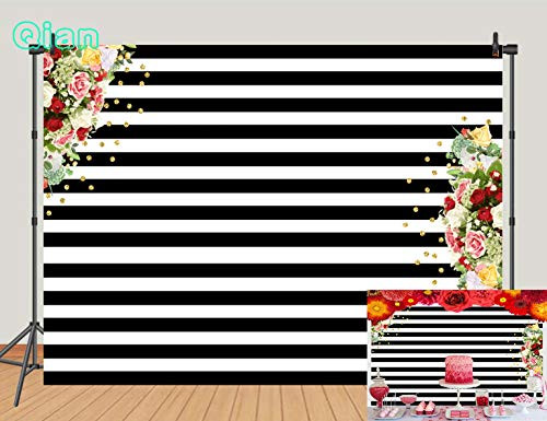 Qian Vinyl 7x5ft Photography Backdrops Black and White Stripe Background Pink Rose Flower Birthday Party Wedding Photo Studio Booth