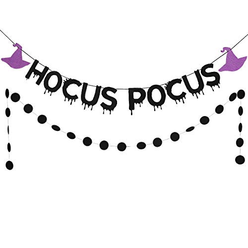 Black Glittery Hocus Pocus Banner and Black Glittery Circle Dots Garland (25pcs circle dots) -Halloween Party Decoration Supplies