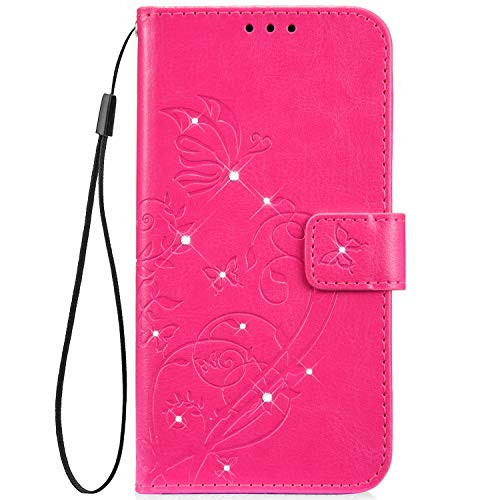 Galaxy J4 2018 Case,PHEZEN Galaxy J4 2018 Wallet Case,Bling Glitter Crystal Diamond Embossed Flower Butterfly PU Leather Magnetic Flip Case Cover With Card Slots for Samsung Galaxy J4 2018, Hot Pink