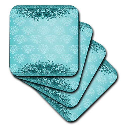 3dRose Pretty Tourquoise Vintage Flower and Damask Design - Ceramic Tile Coasters, set of 4 (cst_78320_3)