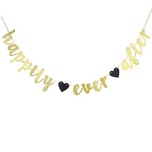 Happily Ever After Banner - Glitter Gold Wedding Hung Bunting Sign for Engagement, Bridal Shower Party Photo Props