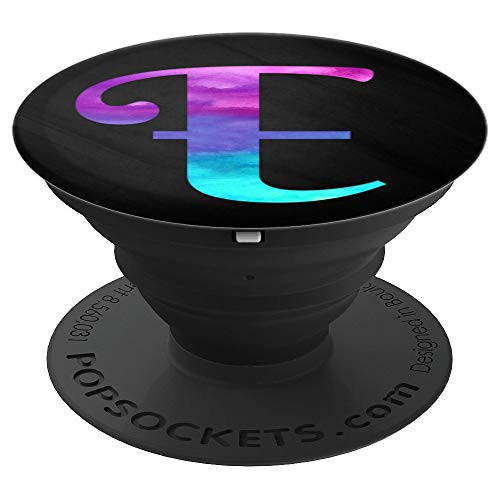 Purple Turquoise Letter-E Monogram On Black PopSockets Grip and Stand for Phones and Tablets