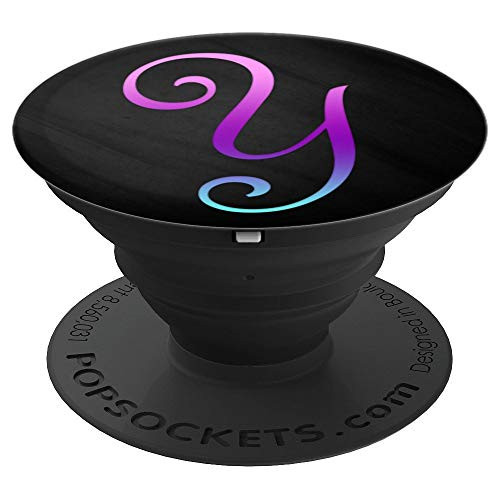 Teal Purple Pink Ombre Letter Y Monogram On Black PopSockets Grip and Stand for Phones and Tablets