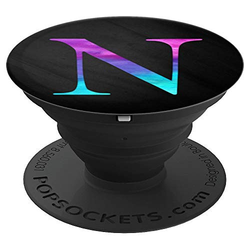 Purple Turquoise Letter N Monogram On Black PopSockets Grip and Stand for Phones and Tablets