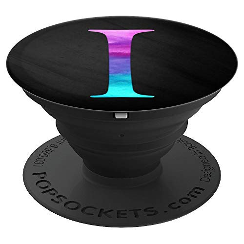 Purple Turquoise Letter I Monogram On Black PopSockets Grip and Stand for Phones and Tablets