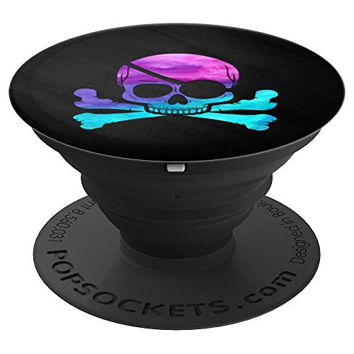 Purple Turquoise Pirate Skull Crossbones On Black PopSockets Grip and Stand for Phones and Tablets
