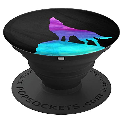 Purple Turquoise Wolf On Black Background - PopSockets Grip and Stand for Phones and Tablets