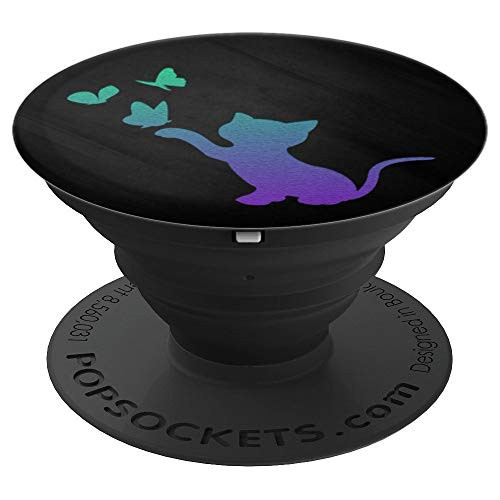 Purple and Green Cat Kitten Silhouette On Black - PopSockets Grip and Stand for Phones and Tablets