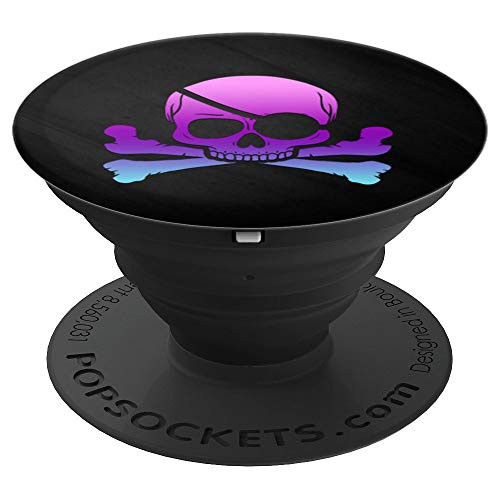 Teal Purple Pink Ombre Pirate Skull Crossbones On Black PopSockets Grip and Stand for Phones and Tablets
