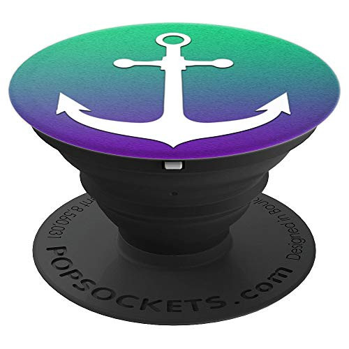 White Anchor nautical design On Purple Green PopSockets Grip and Stand for Phones and Tablets