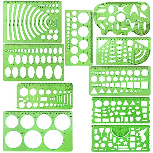 Onwon 10 Pieces Drawings Templates Stencils Measuring Templates Clear Green Plastic Geometric Rulers Draft Rulers for Drawing Engineering Drafting Building School Office Supplies
