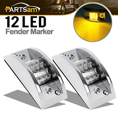 Partsam 2X Amber Rectangular Chrome-Armored Marker Lights 12 Diode Clear Lens, Sealed Yellow Rectangle Led Light Assembly Clear Lens