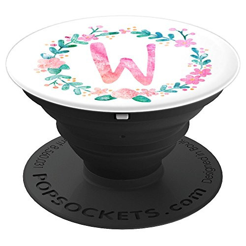 "W" Floral Wreath Initial Monogram Letter - Pink & White - PopSockets Grip and Stand for Phones and Tablets