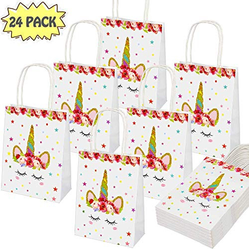 24 Pack Unicorn Party Favor Bags, Unicorn Themed Birthday Party Gift Goodie Treat Bags for Kids, Magical Unicorn Party Supplies