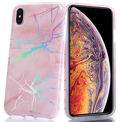 BAISRKE Holographic Marble iPhone Xs Max Case, Shiny Laser Style Design Slim Bumper Flexible Glossy Soft Rubber TPU Case for iPhone Xs Max 2018 6.5 inch - Pink